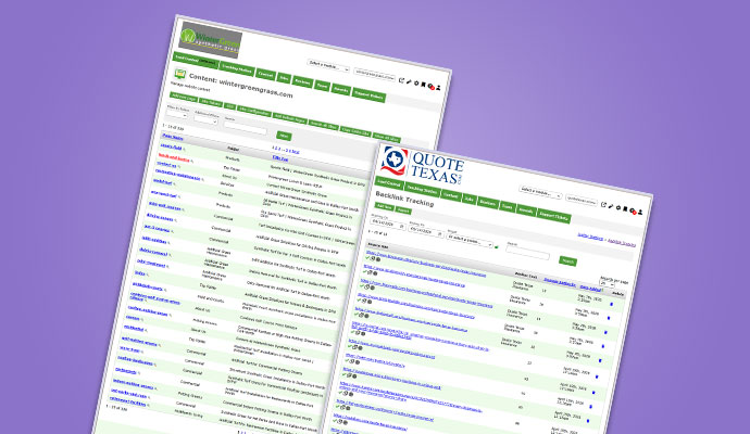 Backlink tracking and content management dashboards displayed for digital marketing and SEO monitoring platforms