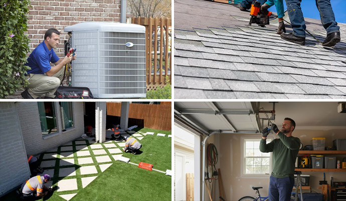 Collage of residential HVAC repair, roofing installation landscaping maintenance and garage door repair services